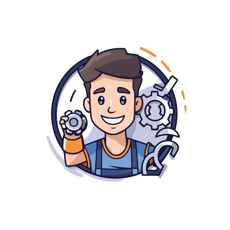 Mechanic man holding wrench and gear wheel illustration in cartoon style vector