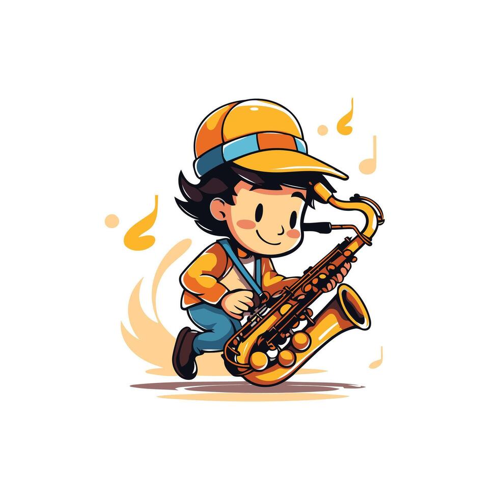 Cartoon boy playing saxophone illustration on white background vector