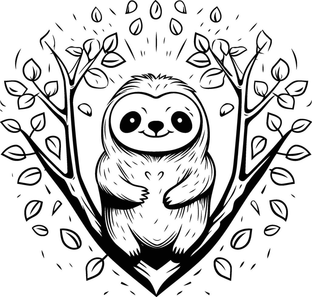 Cute cartoon sloth in heart shape illustration for coloring book vector