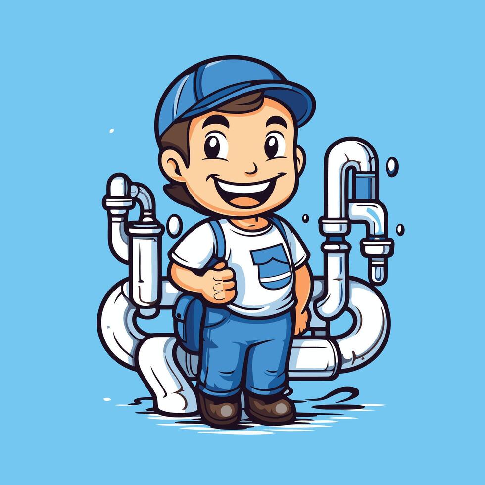 Plumber with water pipes illustration of a cartoon character vector