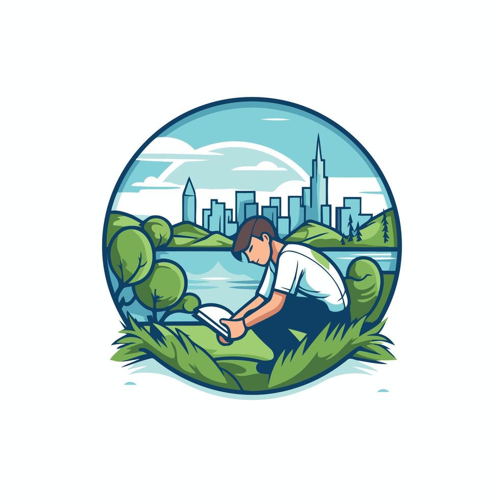 illustration of a young man reading a book in a park vector