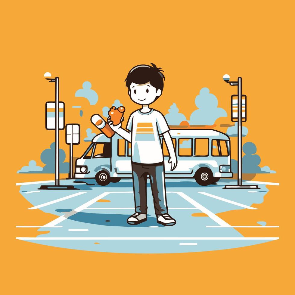 Man with a dog in the bus stop illustration in flat style vector