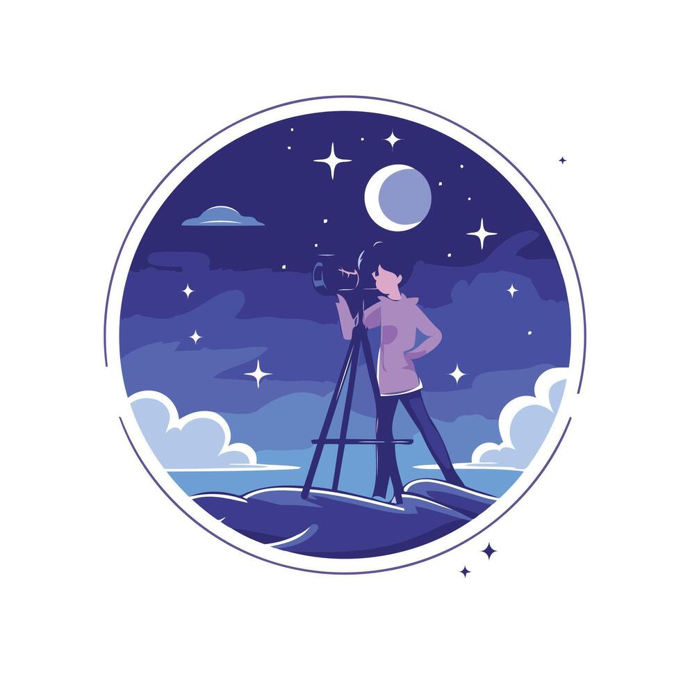 Photographer on a tripod in the night sky illustration vector