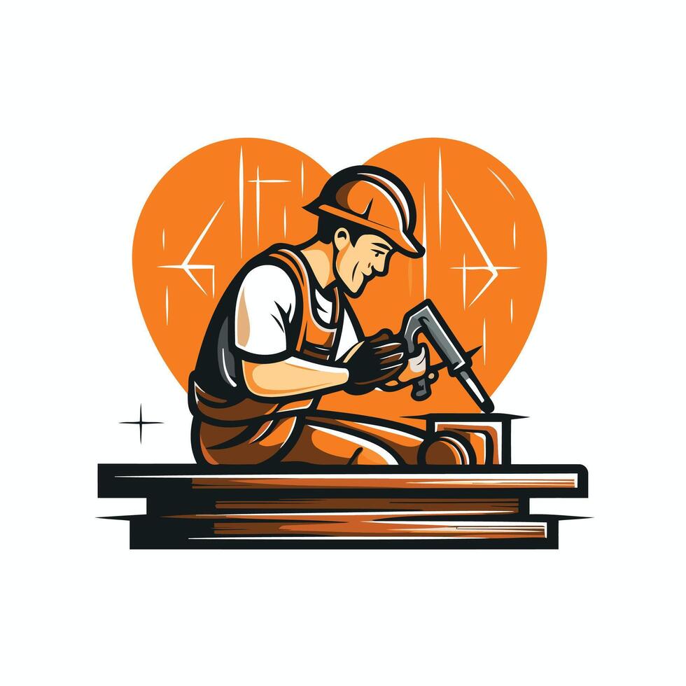 element illustration of a carpenter cutting wood with a saw in heart shape vector