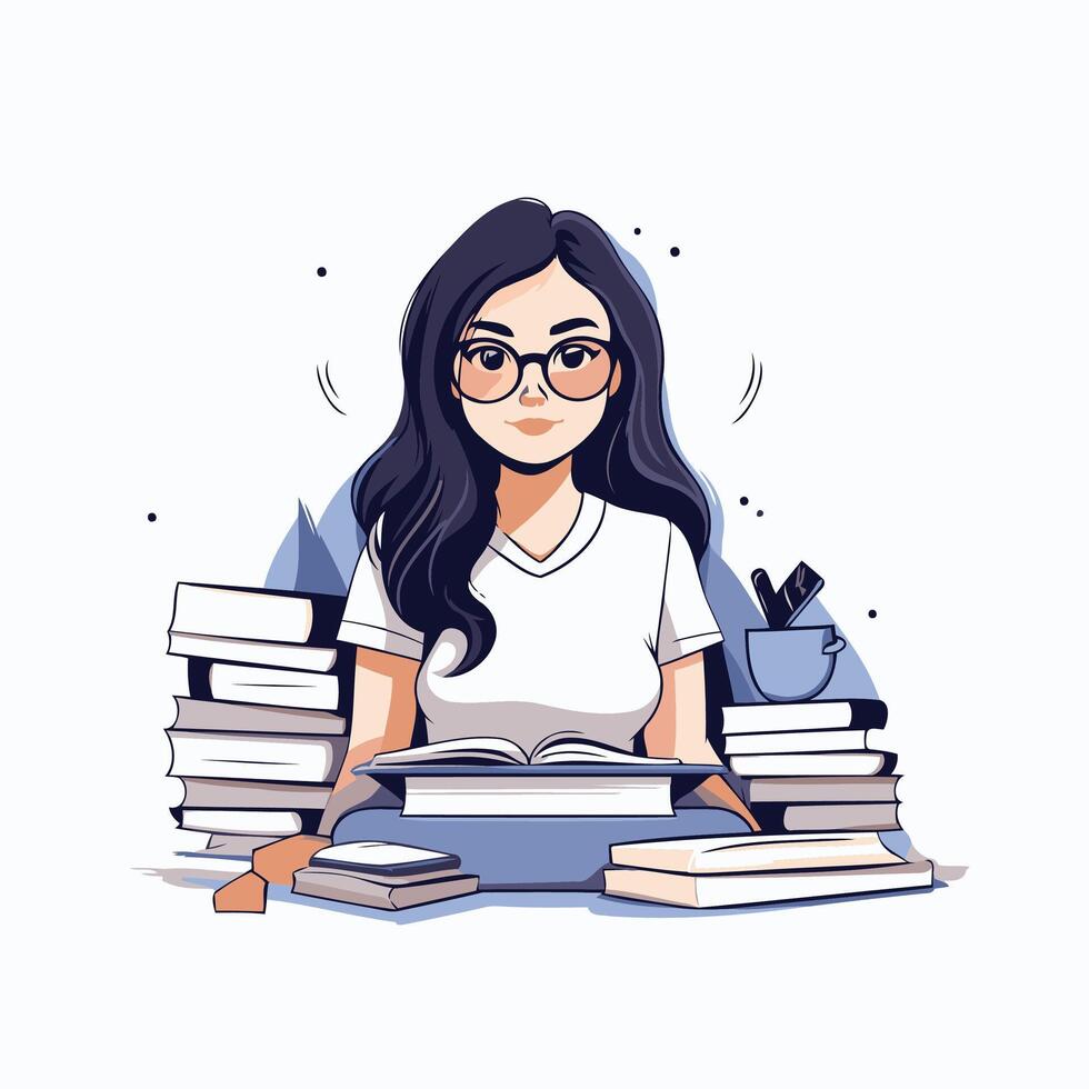 illustration of a girl with glasses and books Isolated on white background vector