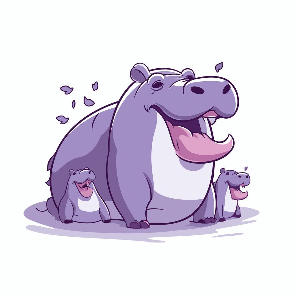 Cartoon hippo with cubs illustration on white background vector