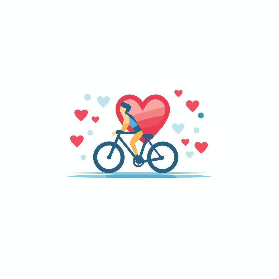Woman riding a bicycle with heart illustration in flat style vector