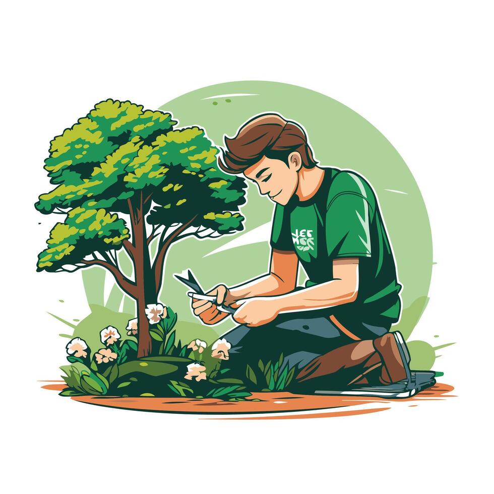 Gardener working in the garden illustration in cartoon style vector
