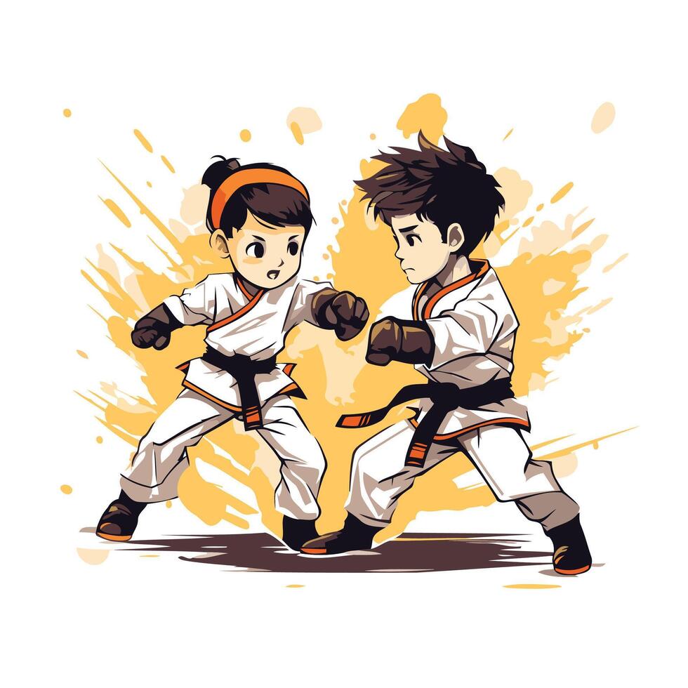Karate kids boy and girl training karate illustration vector
