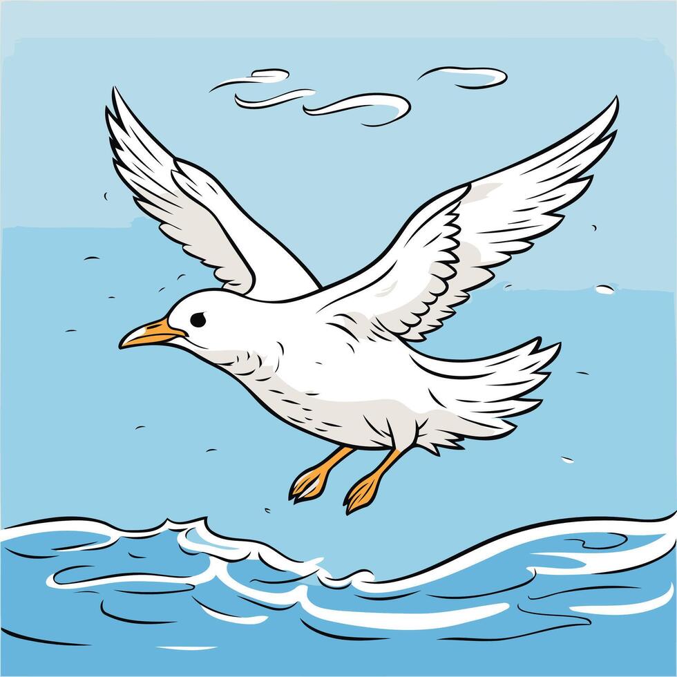 Seagull flying on the sea illustration in cartoon style vector