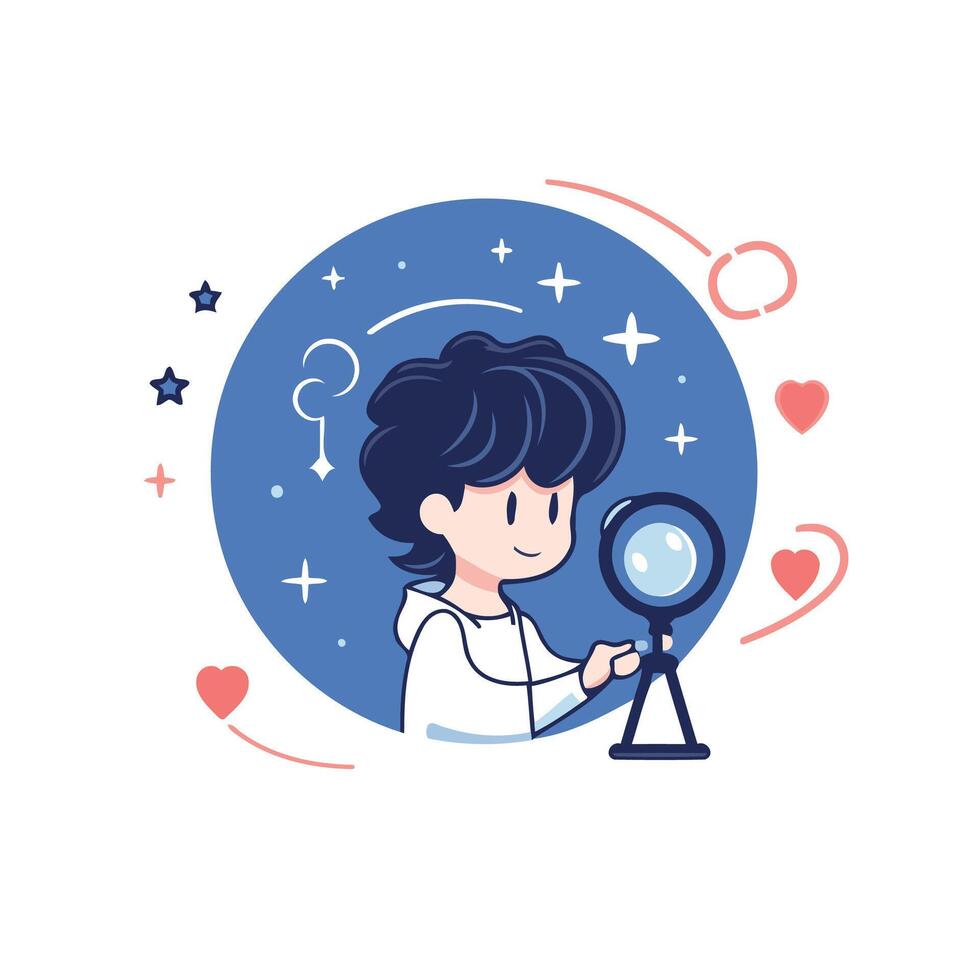 Cute boy with magnifying glass and hearts illustration vector