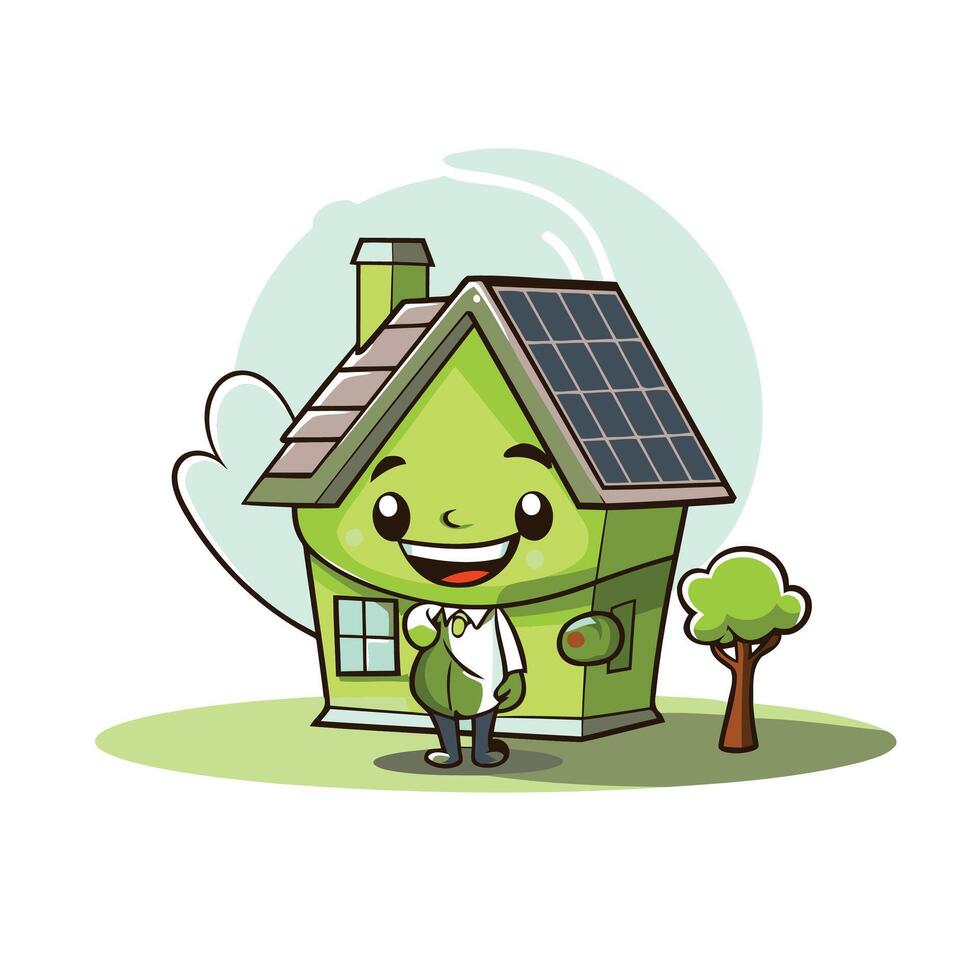 Cute house with solar cell character cartoon illustration Eco friendly house vector
