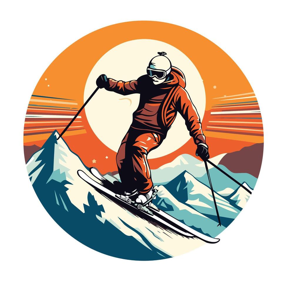 Skiing in the mountains illustration in retro style vector