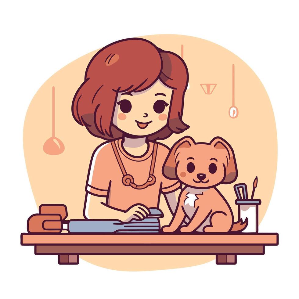 Cute girl with a dog at the veterinary clinic illustration vector