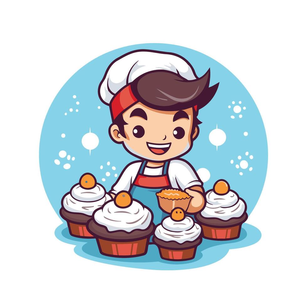 Cute boy chef with cupcakes illustration of cartoon character vector