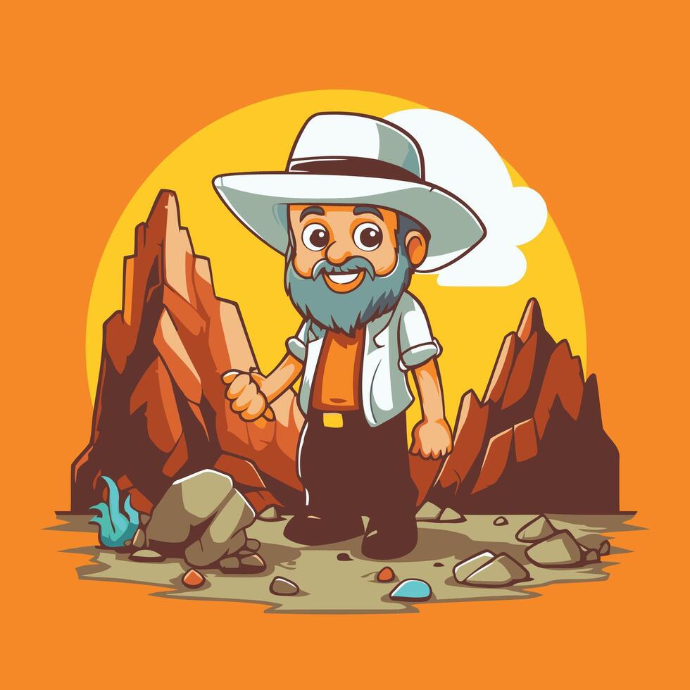 Miner with a beard in the mountains cartoon illustration vector