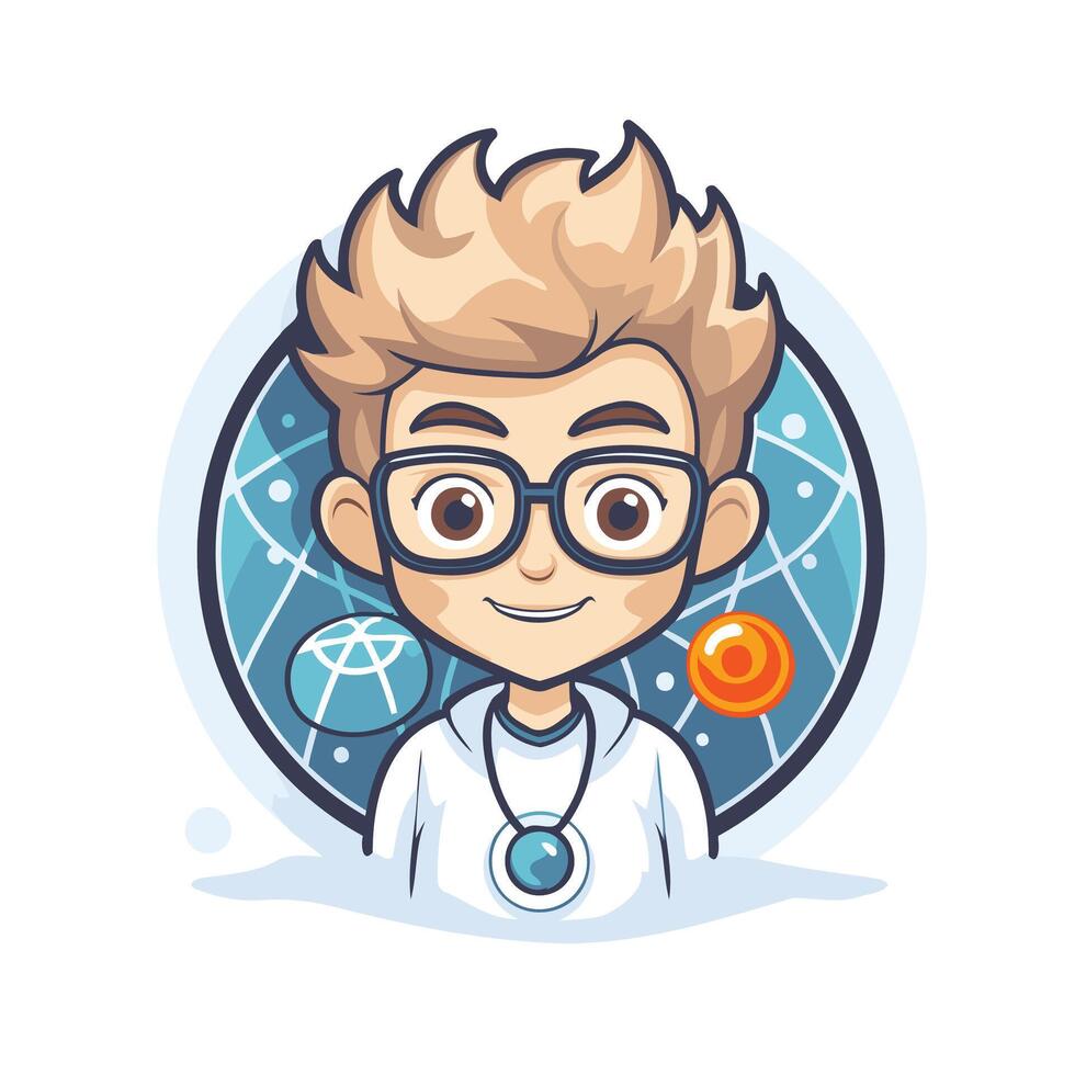 Boy doctor cartoon character with stethoscope and atom illustration vector