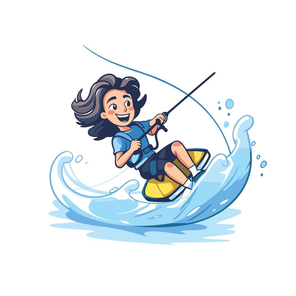 Cute cartoon kitesurfer girl riding a wave illustration vector