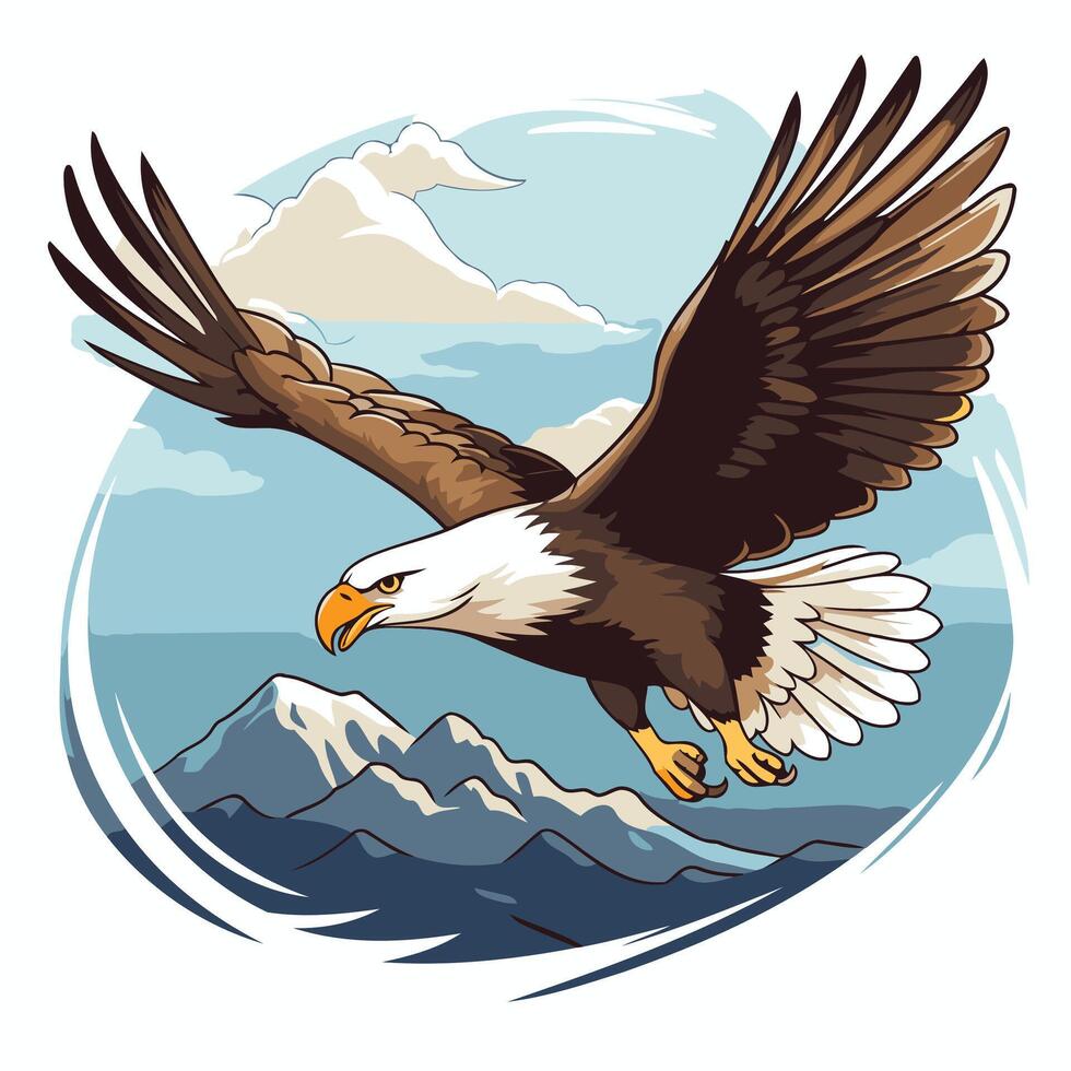 Bald eagle flying over the mountains illustration in cartoon style vector