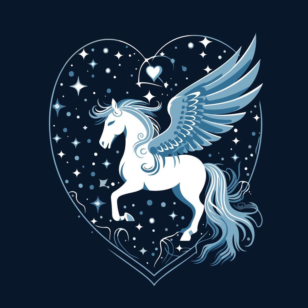 Horse with wings and heart on dark background illustration vector