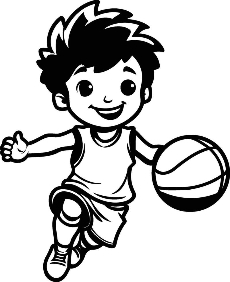 Little boy playing basketball isolated on white background Black and white illustration vector