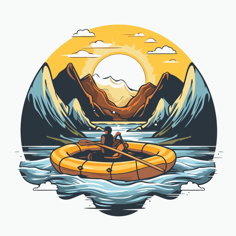 Kayaking in the mountains illustration of a man in a boat on the lake vector