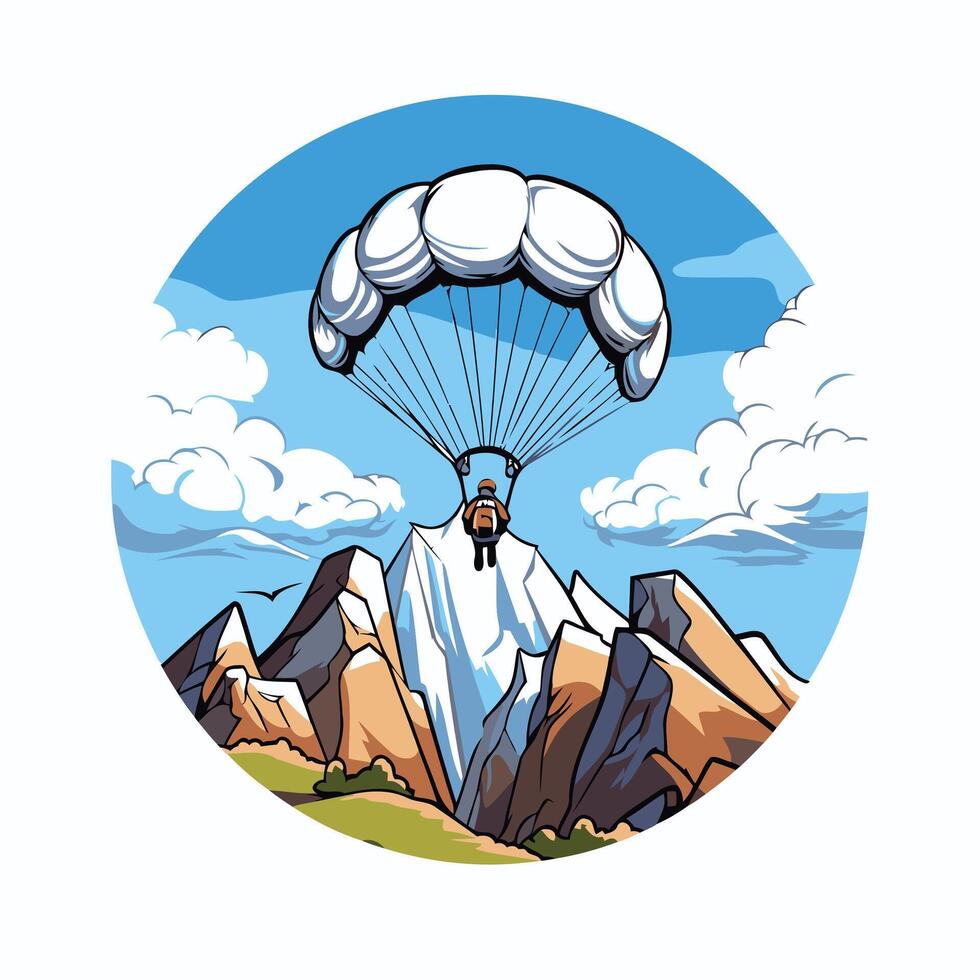 Parachutist in the mountains illustration in cartoon style vector