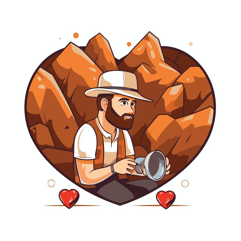 Man in a hat with a camera in the form of a heart illustration vector