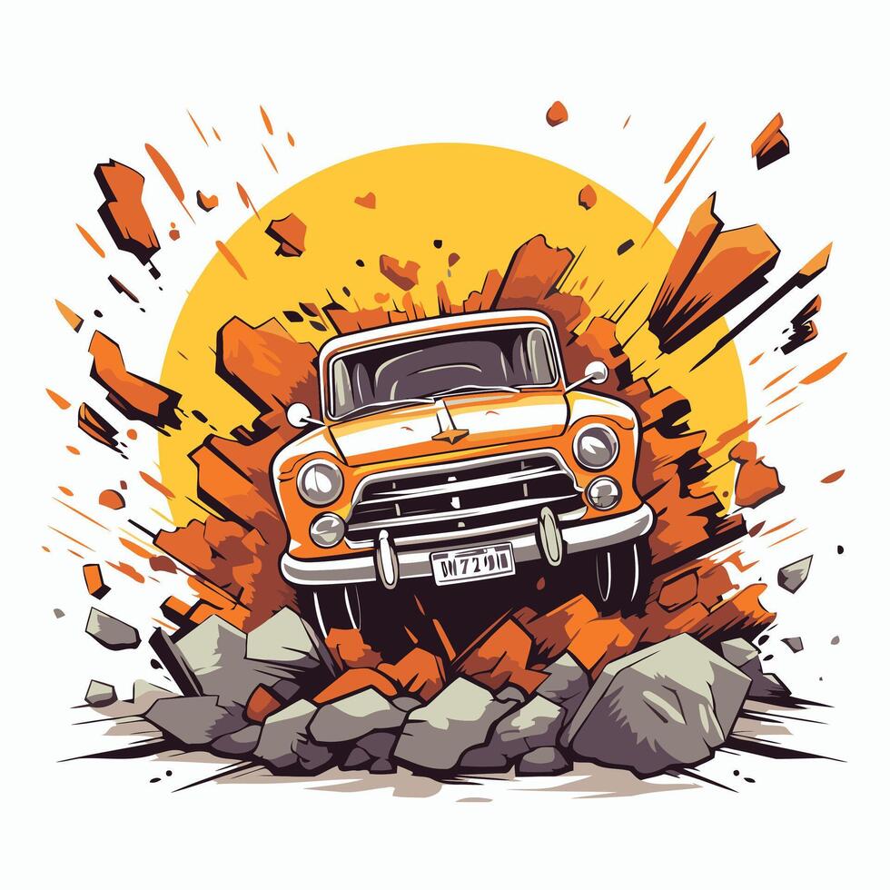 Vintage car on grunge background Hand drawn illustration vector