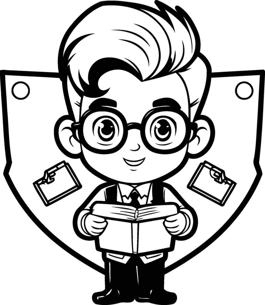 Schoolboy Reading Book Black and White Cartoon Illustration vector