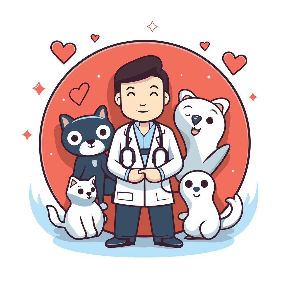Veterinarian doctor with dog and cat illustration in cartoon style vector