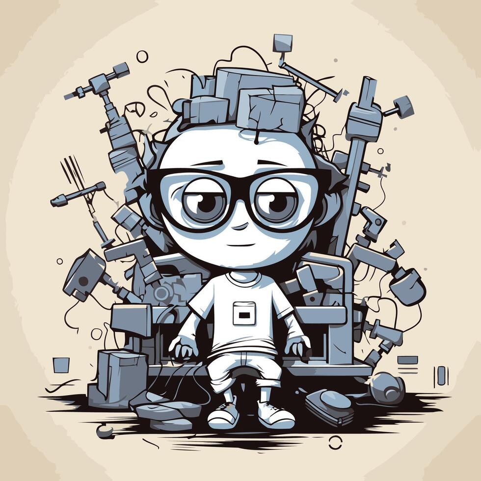 illustration of a cute cartoon robot in glasses Doodle style vector