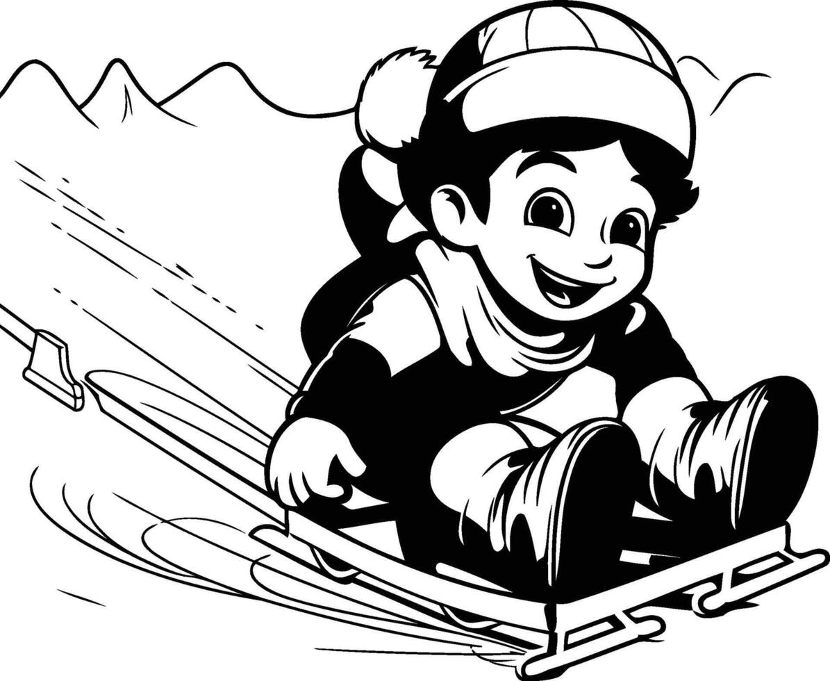 Little boy sliding on skis black and white illustration vector