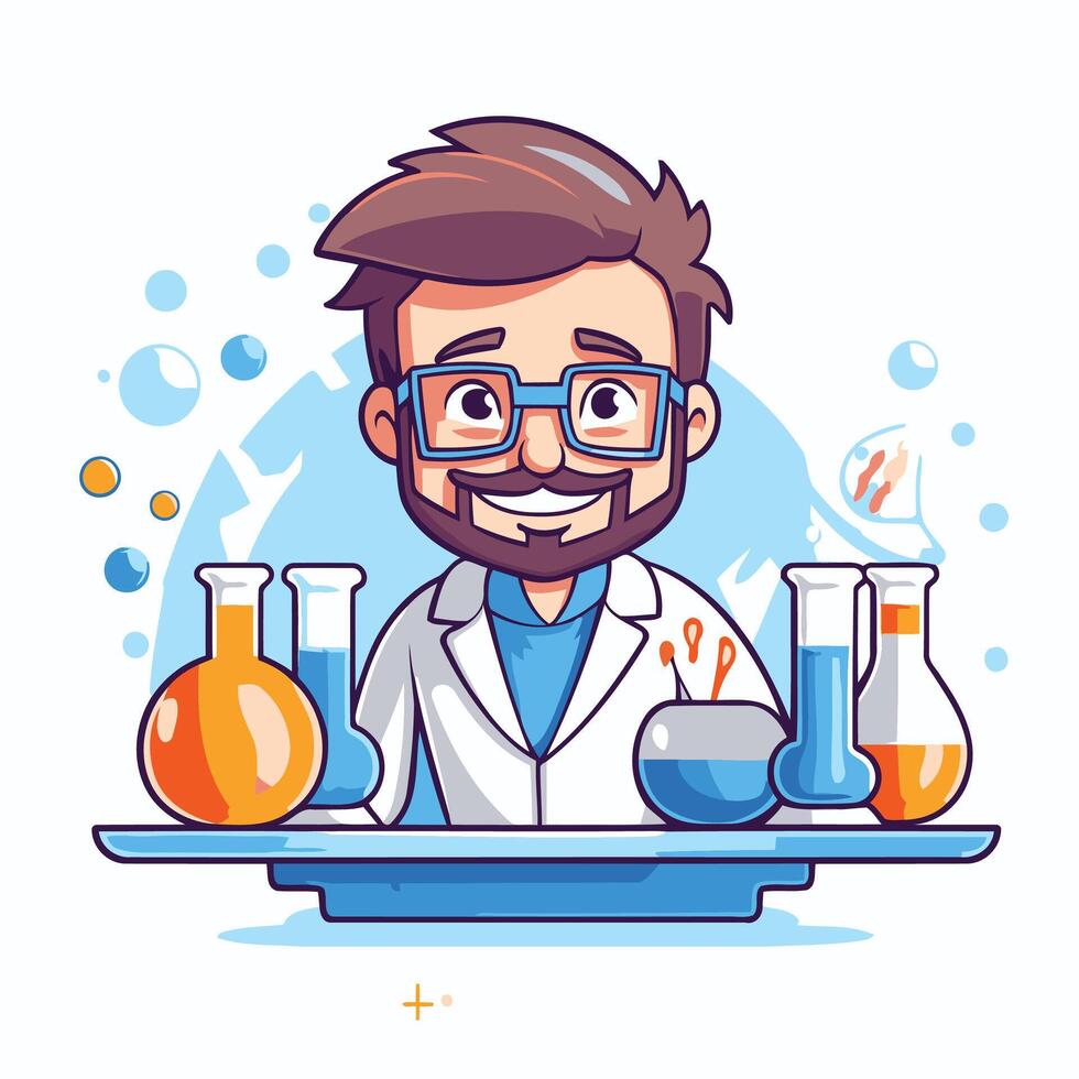 Scientist in lab coat and glasses illustration in cartoon style vector