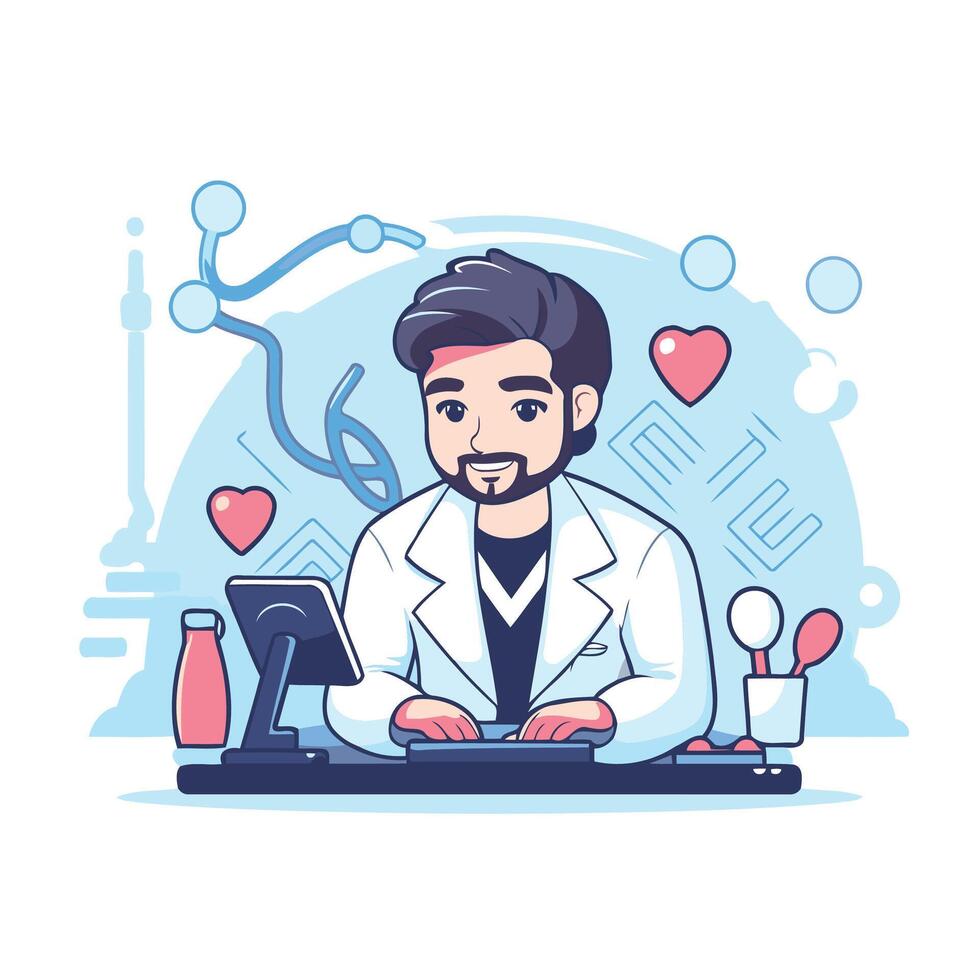 Handsome doctor in lab coat working with computer illustration vector