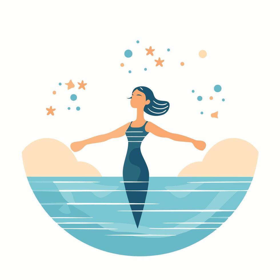 Woman in a swimsuit in the sea illustration in flat style vector