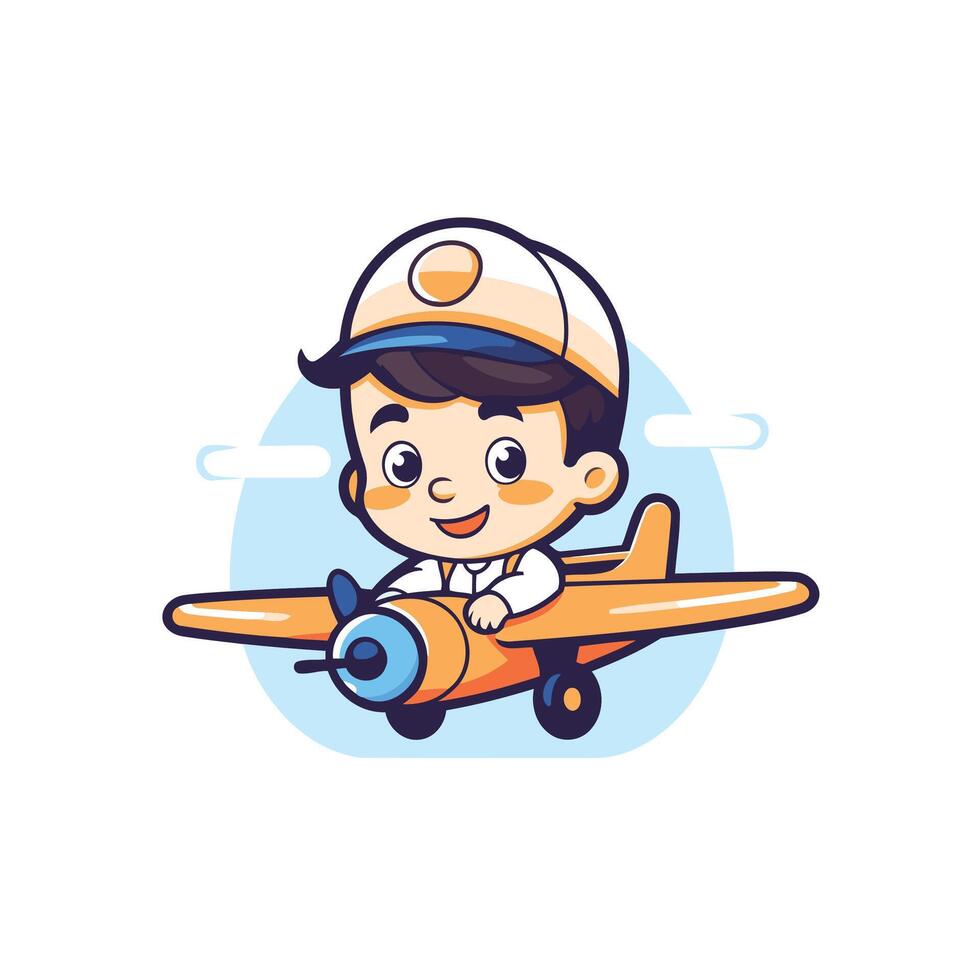 Cute little boy pilot with airplane character illustration design vector