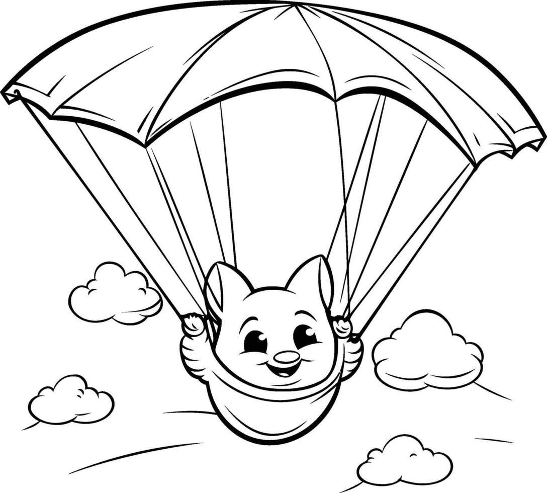 Black And White Cartoon Illustration of Cute Cat Parachute Flying with Clouds Behind vector