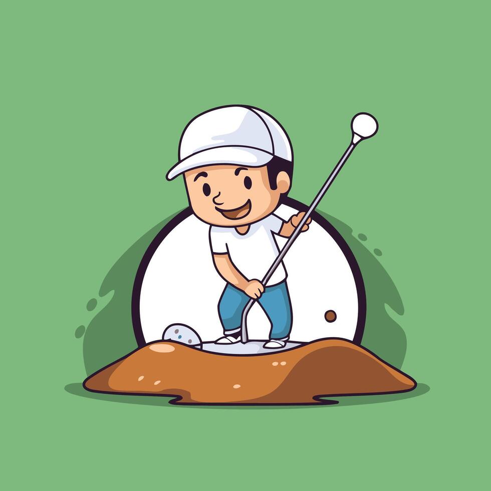 Little boy playing golf in the hole illustration in cartoon style vector
