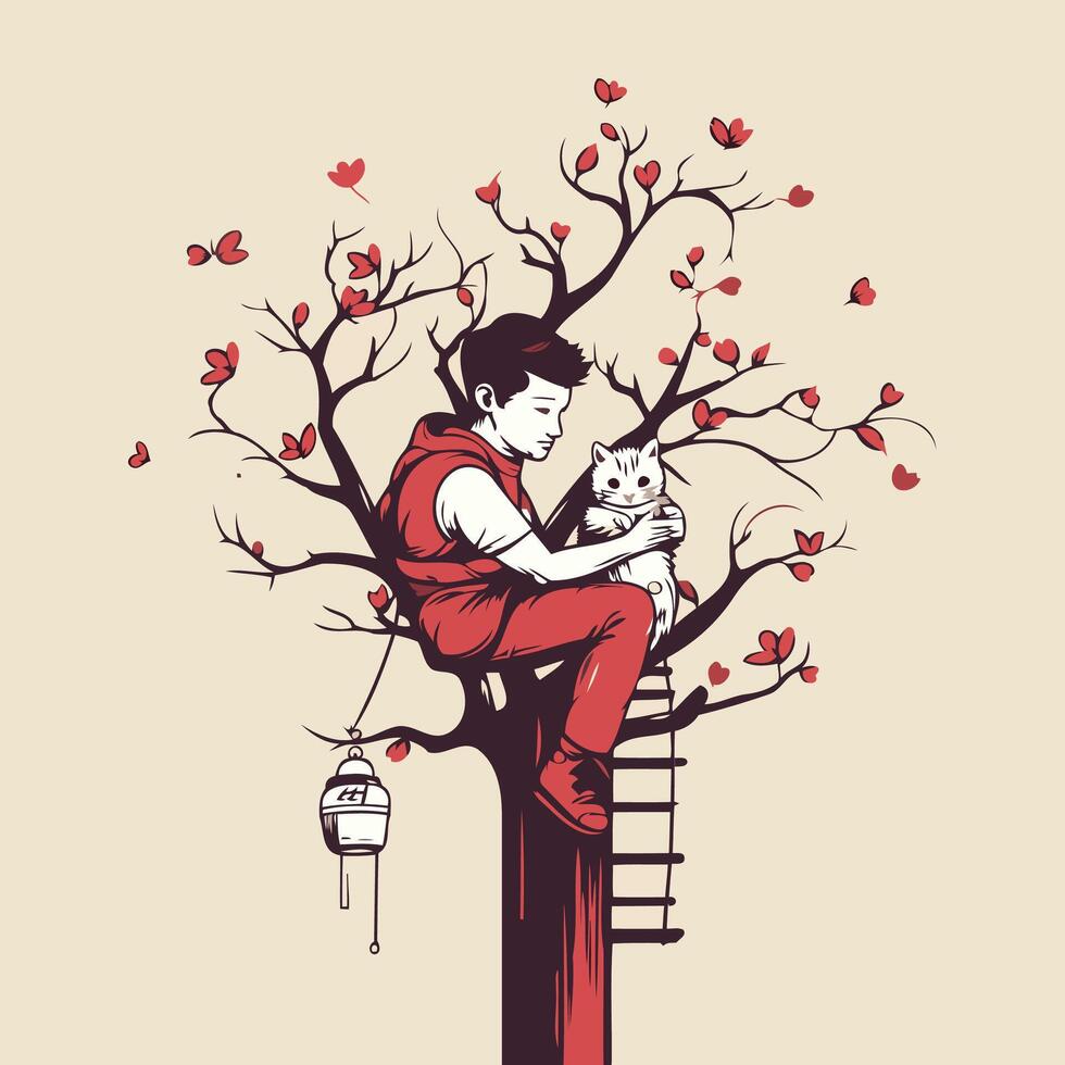 element illustration of a man sitting on a tree and holding a cat vector