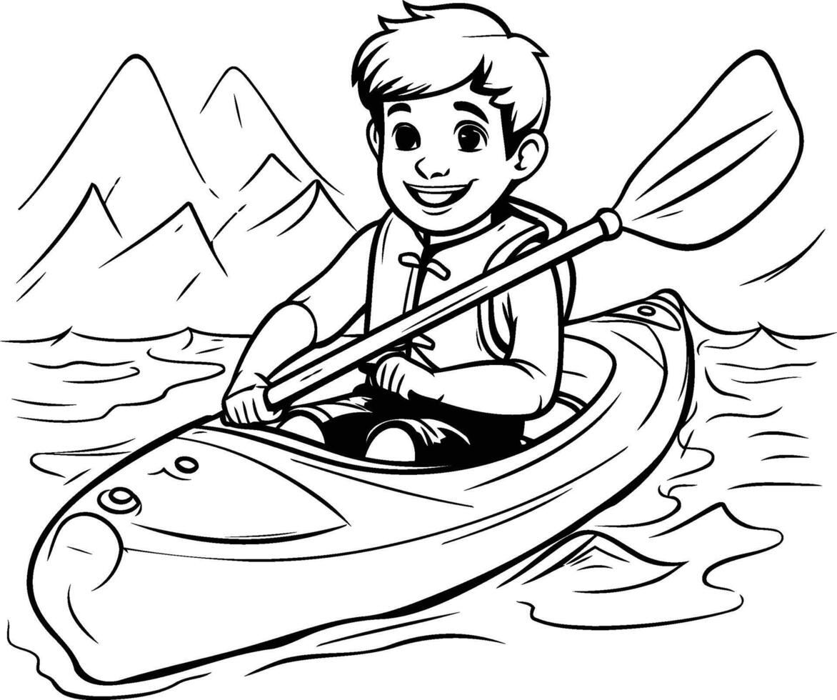 Black and white illustration of a boy kayaking in the mountains vector