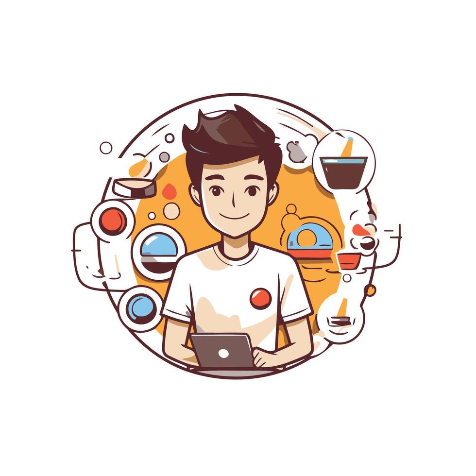 illustration of a young man with a tablet in his hands vector