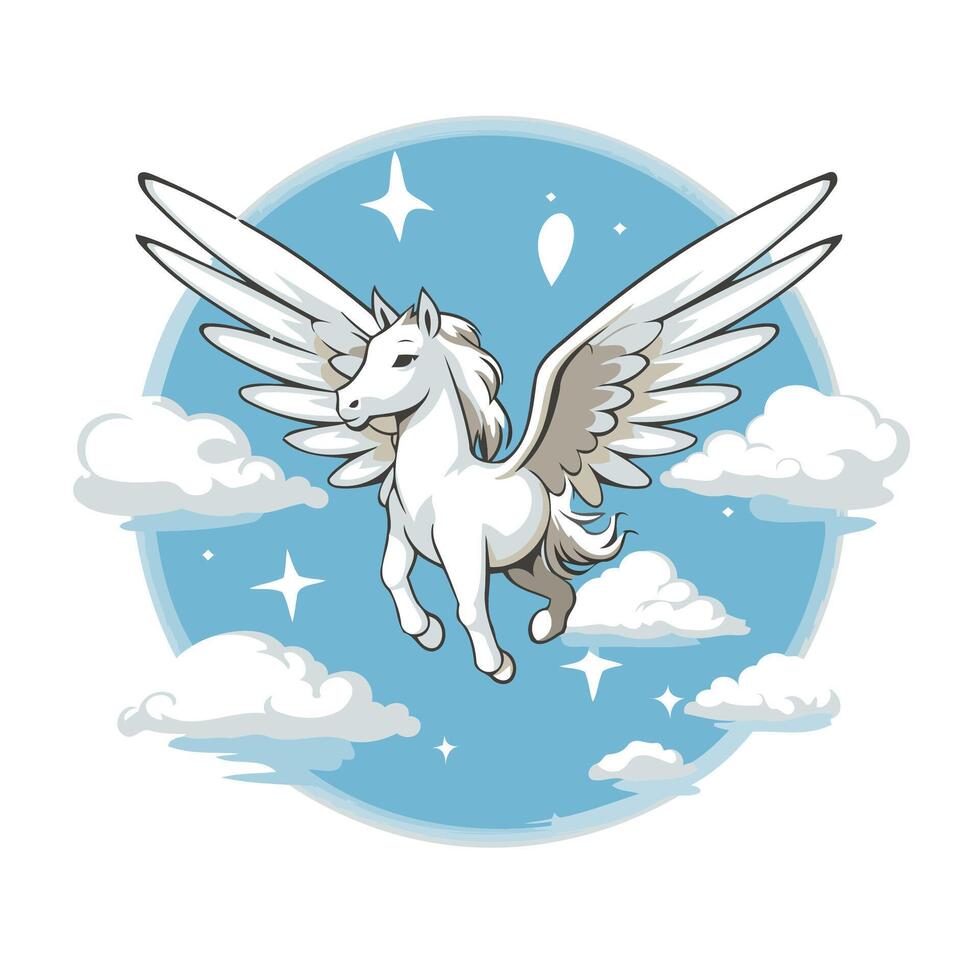 Unicorn flying in the sky with clouds illustration vector