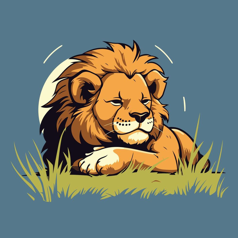Lion lying on the grass illustration in cartoon style vector
