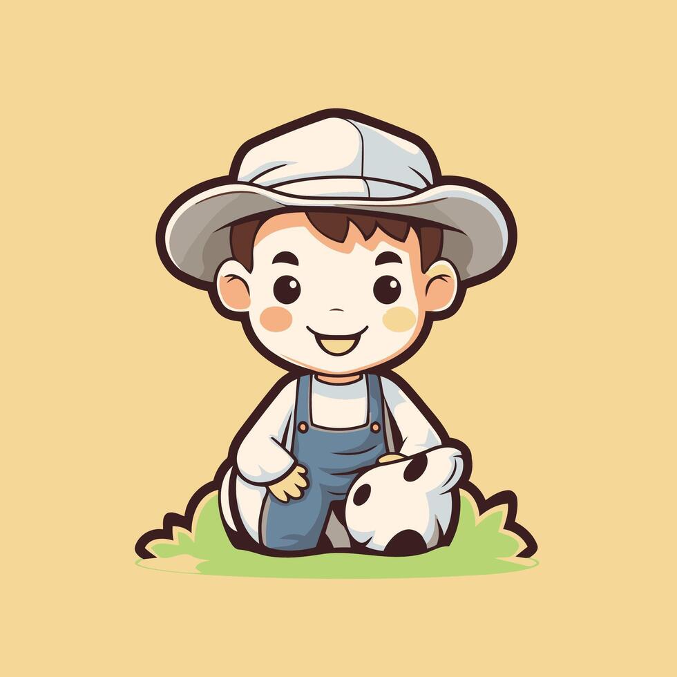 Cute boy playing with a panda on the grass illustration vector