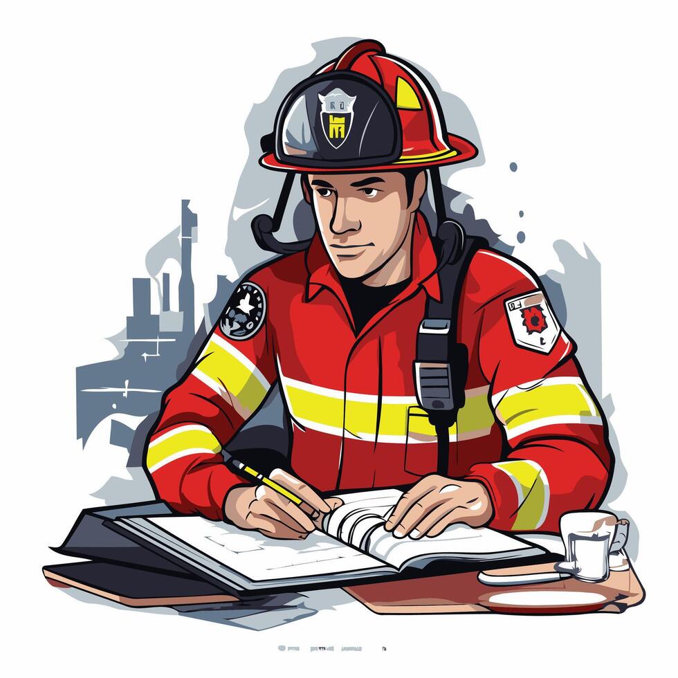 illustration of a firefighter in a red uniform writing a report vector