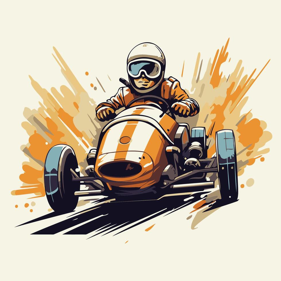 Biker in helmet driving a vintage race car illustration vector