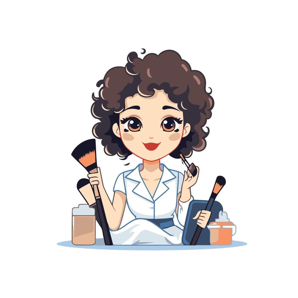 niña con maquillaje cepillos y productos cosméticos ilustración en dibujos animados estilo vector