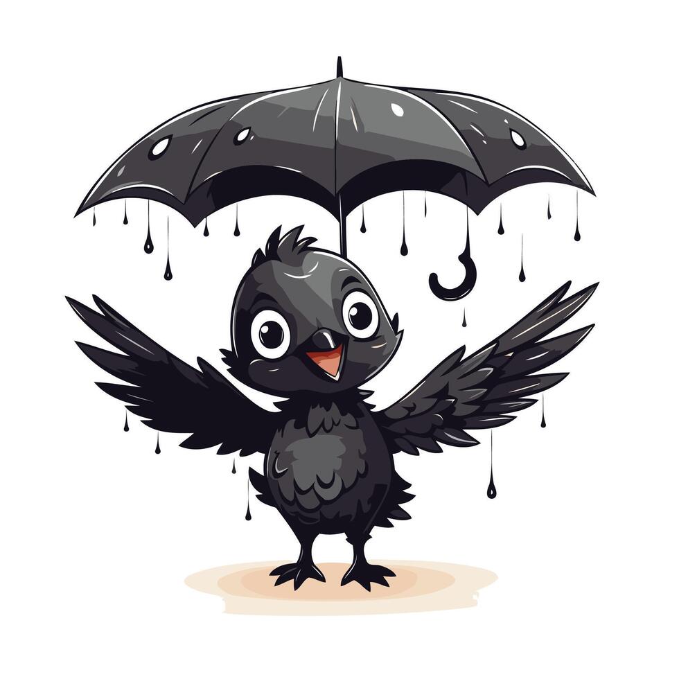 Cute black crow with umbrella on white background illustration vector
