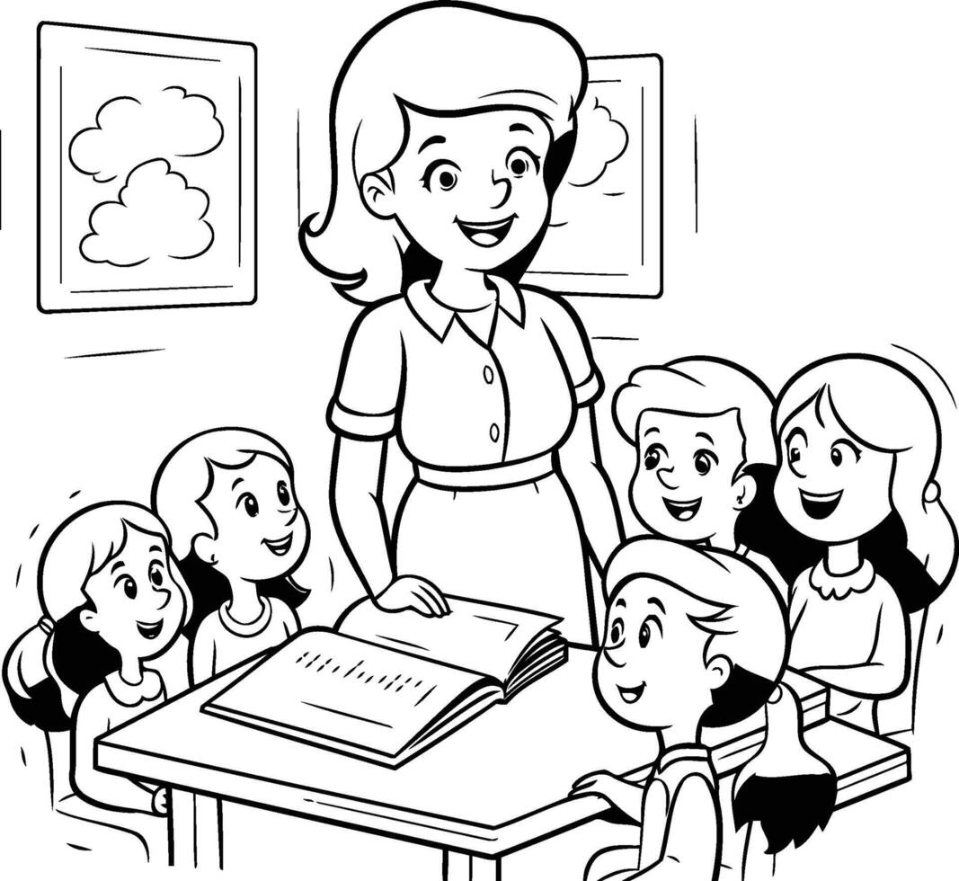 Black and White Cartoon Illustration of Elementary School Kids Studying or Learning in Classroom vector